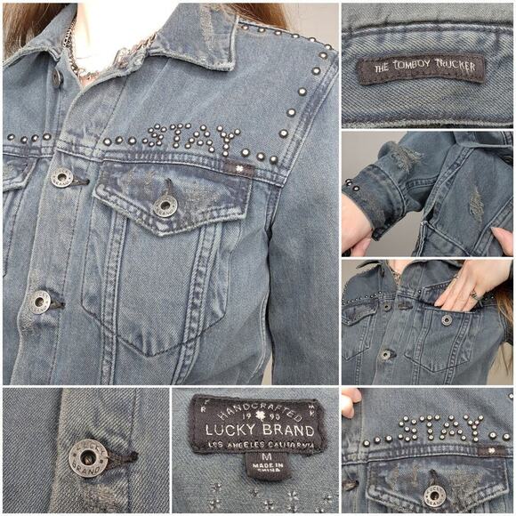 Lucky Brand Distressed Punk Rock Stay Reckless Studded Dark Denim Jacket Sz Med - Picture 9 of 9